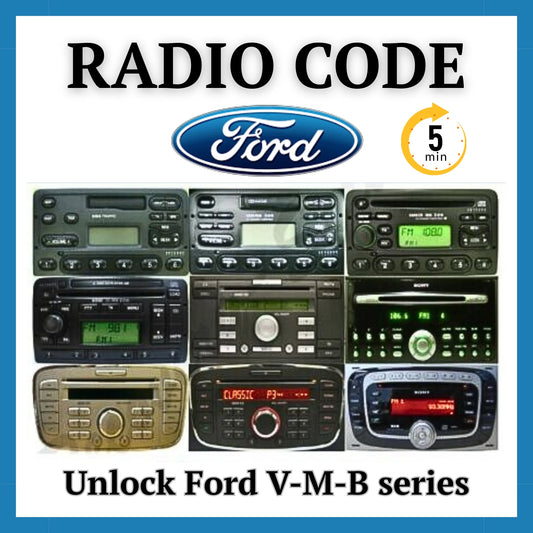 ProDiagTools Ford radio code unlock service collage showing assorted Ford car radio units and Ford logo for V M B series