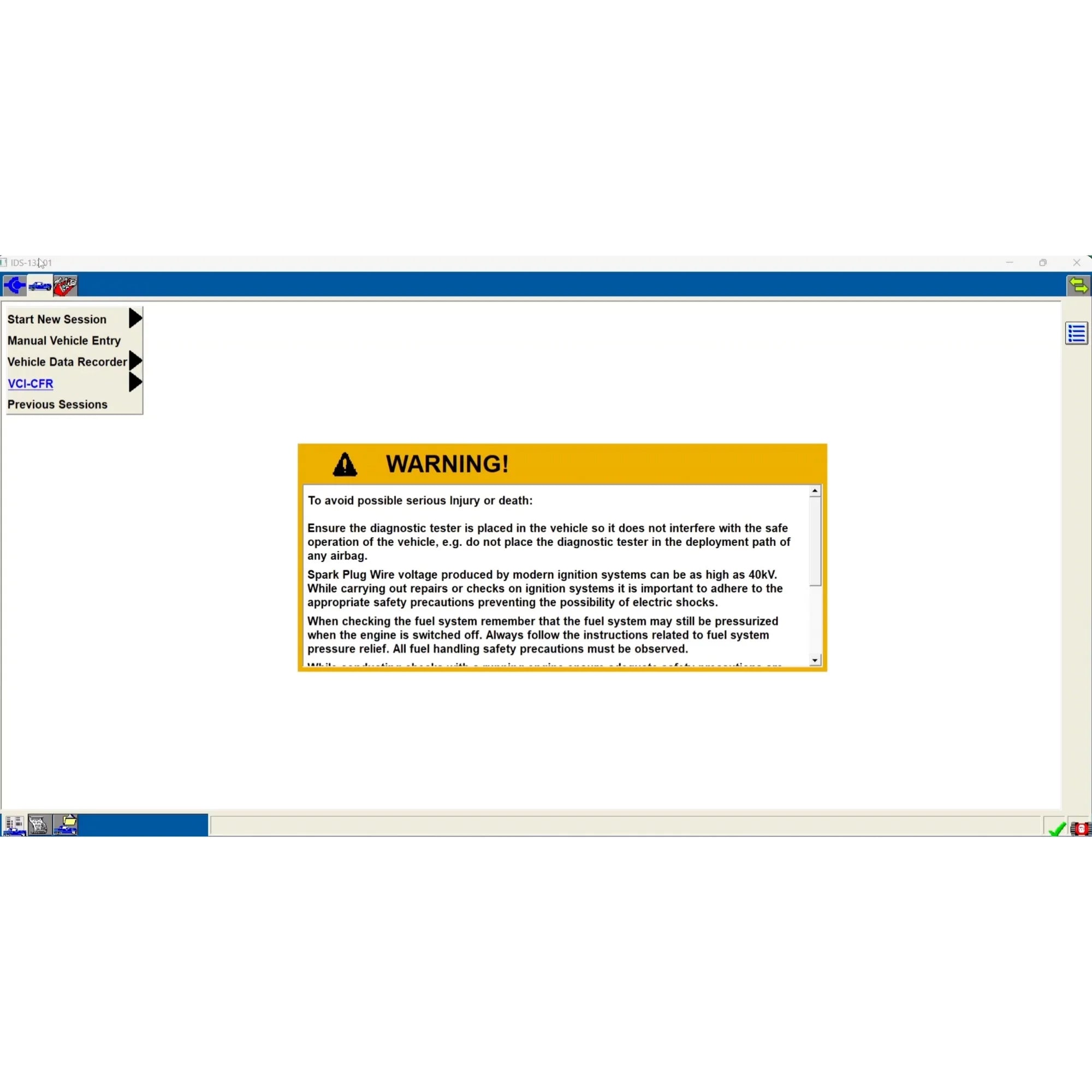 ProDiagTools automotive diagnostic software interface showing safety warning message for Ford IDS 132.01