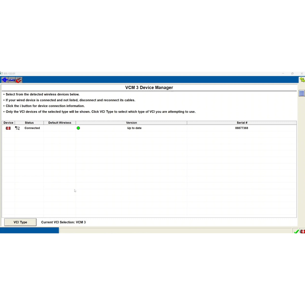 ProDiagTools Ford IDS 132.01 automotive diagnostic software interface showing VCM 3 Device Manager connected device status
