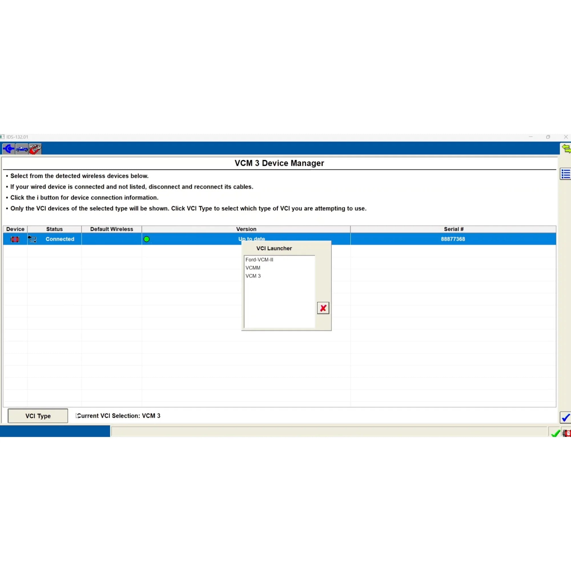ProDiagTools automotive diagnostic software screen showing VCM 3 Device Manager with Ford IDS 132.01 version selected