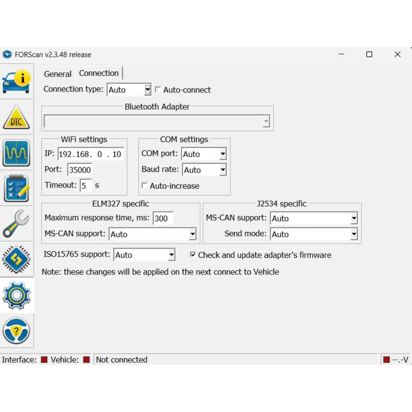 ProDiagTools FORScan settings window showing connection options WiFi IP 192.168.0.10 port 35000 ELM327 COM and J2534