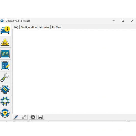 FORScan diagnostic software screenshot by ProDiagTools showing blank main window with toolbar tabs Log Configuration Modules