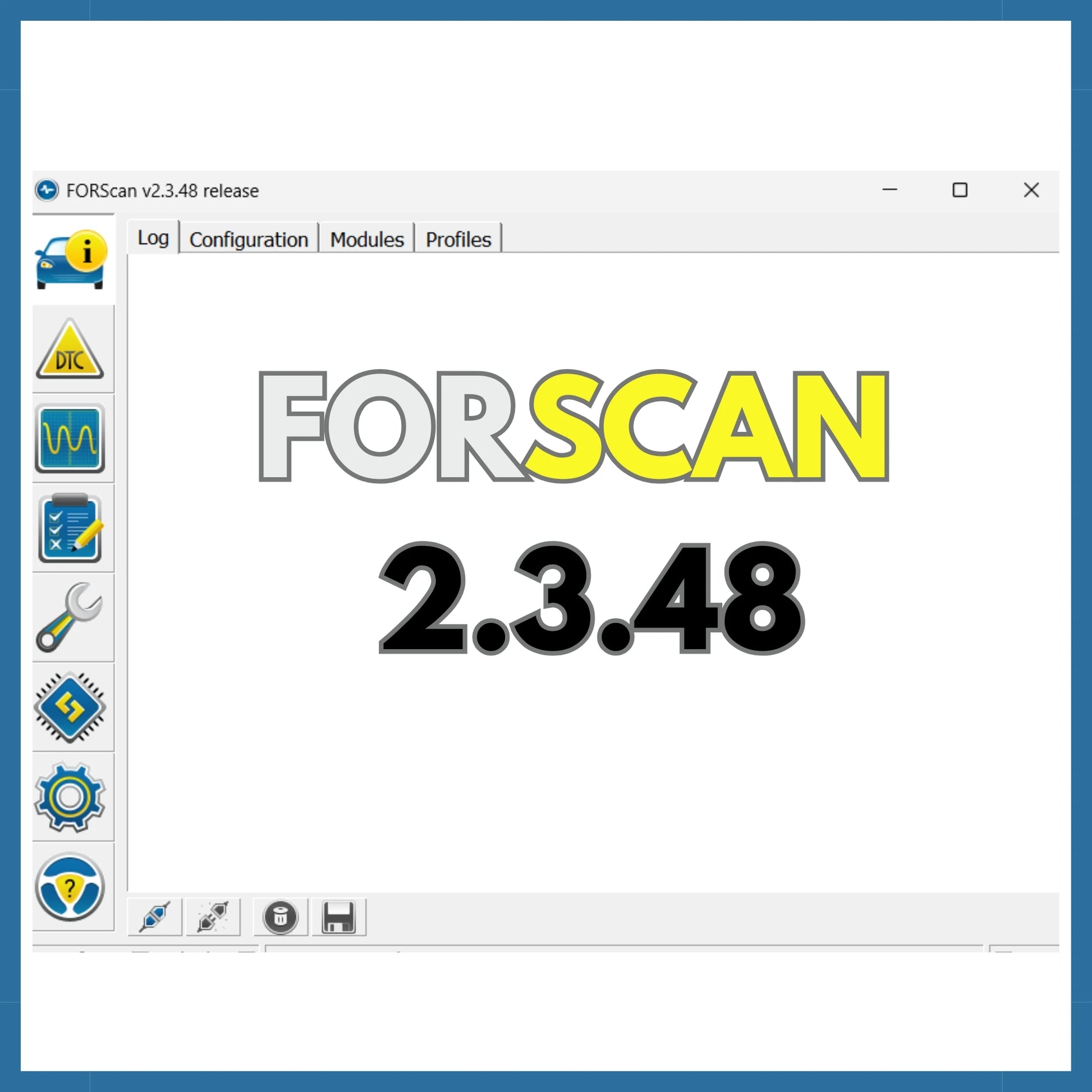 ProDiagTools FORScan v2.3.48 software screenshot showing large FORScan logo and diagnostic toolbar