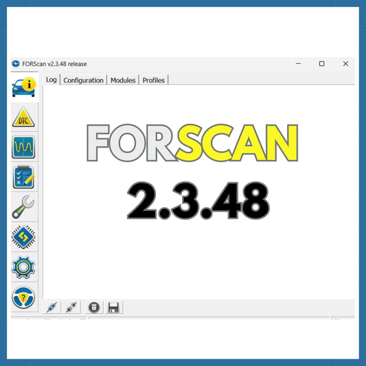ProDiagTools FORScan v2.3.48 software screenshot showing large FORScan logo and diagnostic toolbar