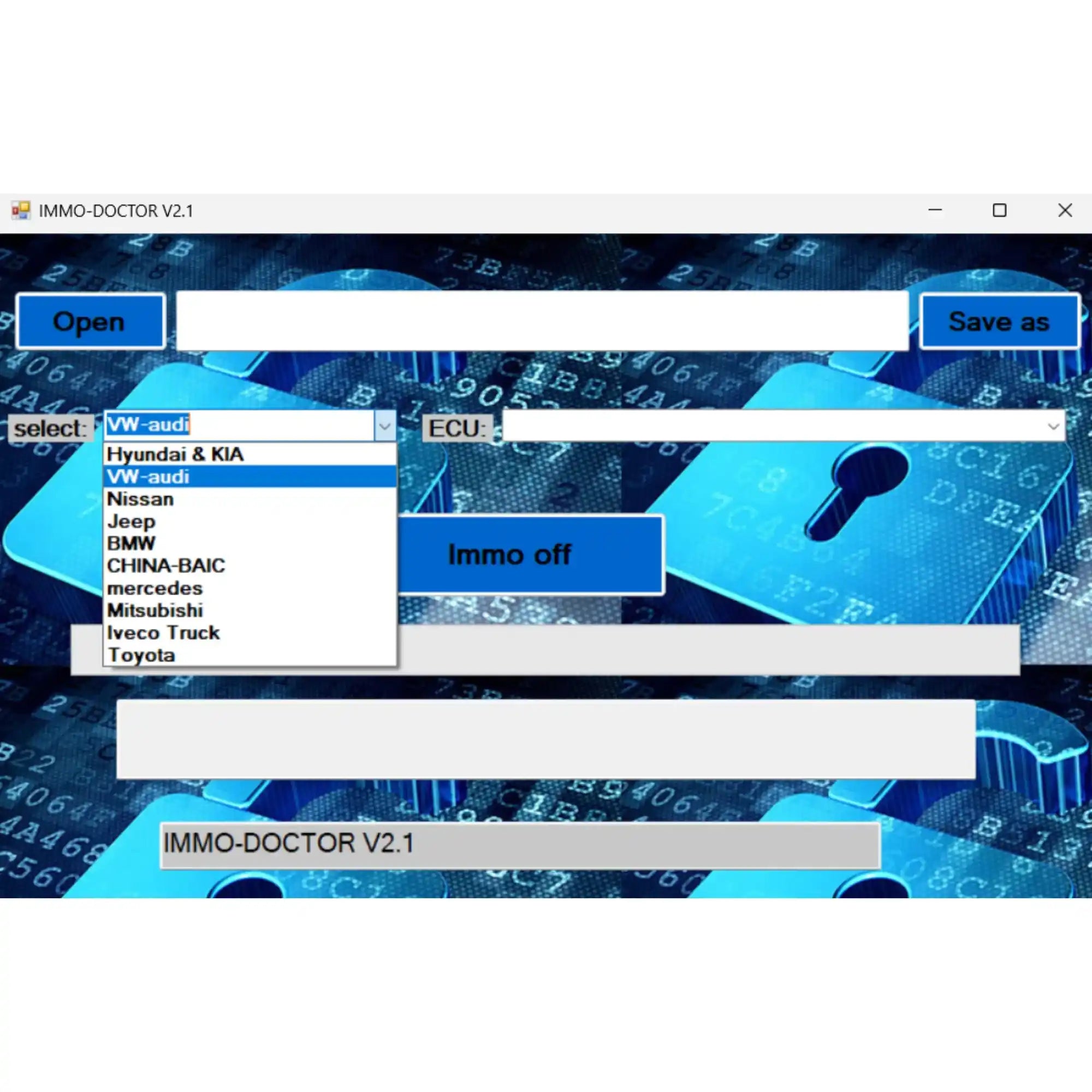 IMMO DOCTOR V2.1 immobilizer off software showing supported vehicle brands including Hyundai Kia VW Audi BMW Toyota Nissan and Mercedes