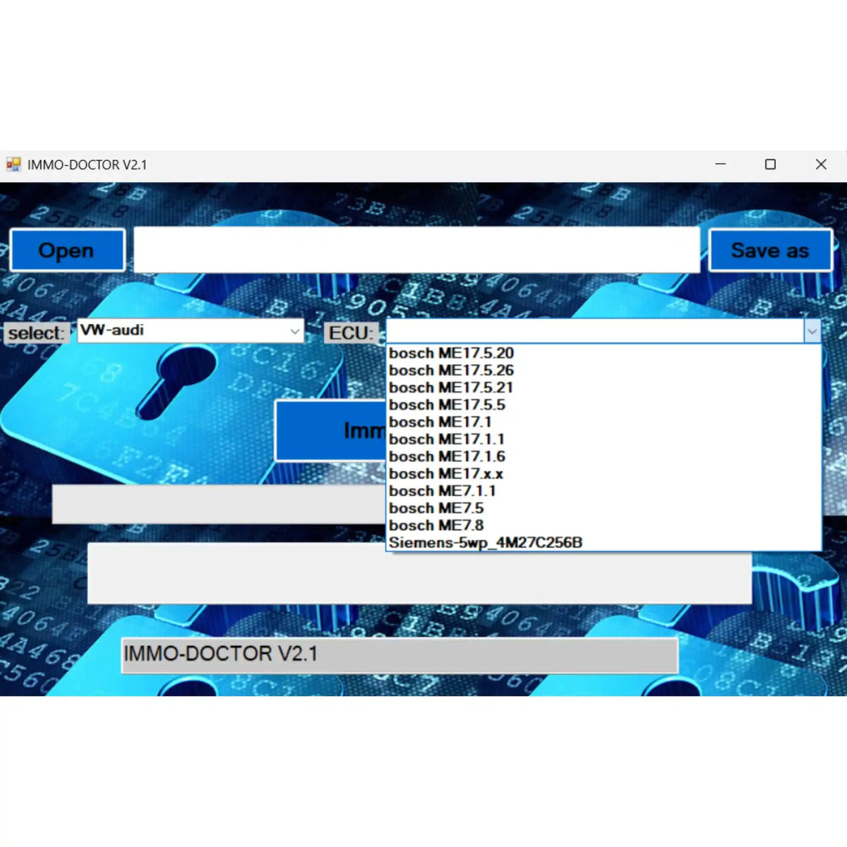 IMMO DOCTOR V2.1 immo off software showing Bosch ME17 ECU list for Volkswagen Audi immobilizer removal and ECU repair