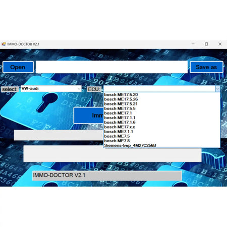 IMMO DOCTOR V2.1 immo off software showing Bosch ME17 ECU list for Volkswagen Audi immobilizer removal and ECU repair