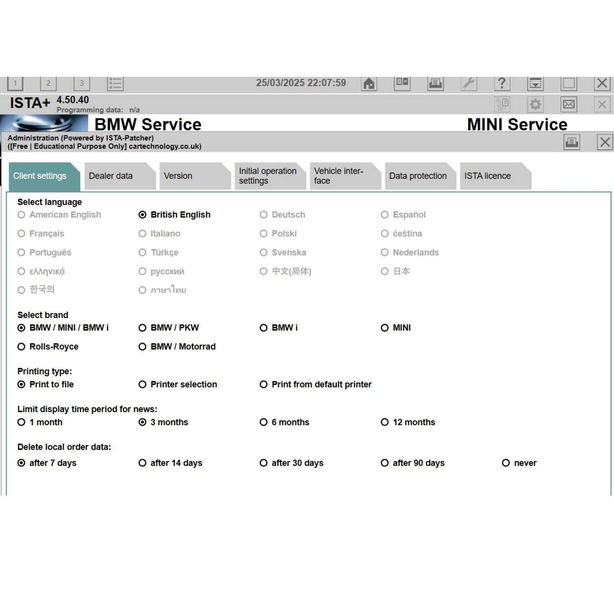 ISTA 4.50.40 software for BMW client settings interface with language and vehicle selection options