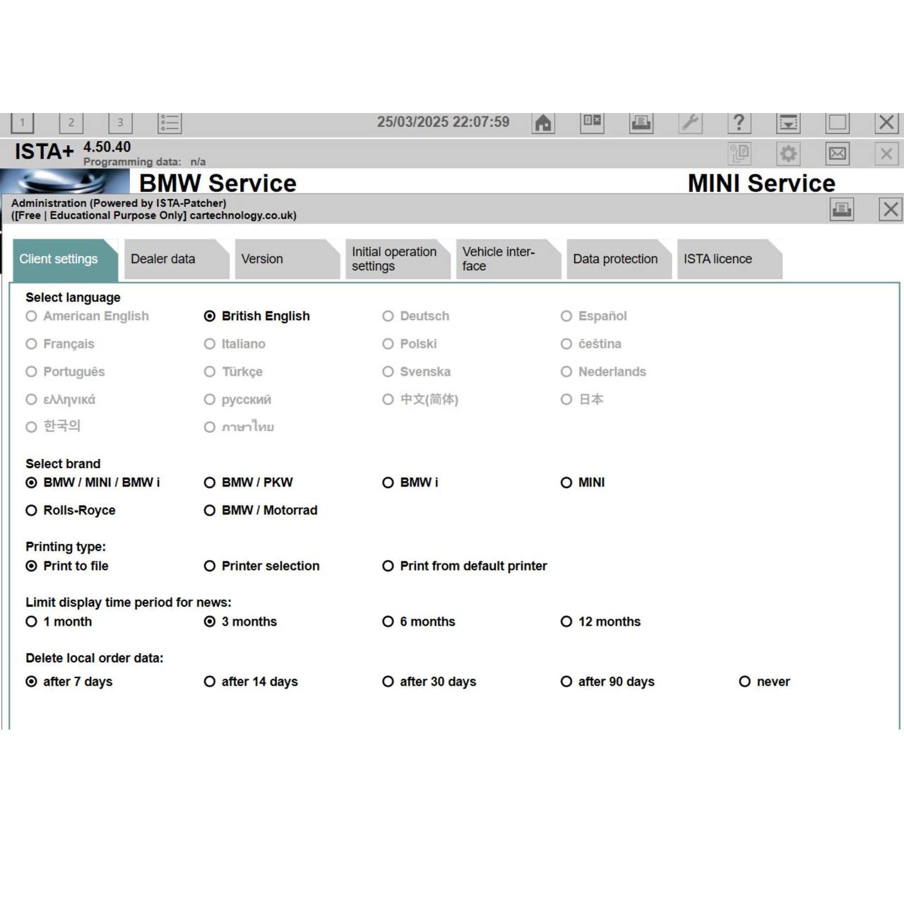 ISTA 4.50.40 software for BMW client settings interface with language and vehicle selection options