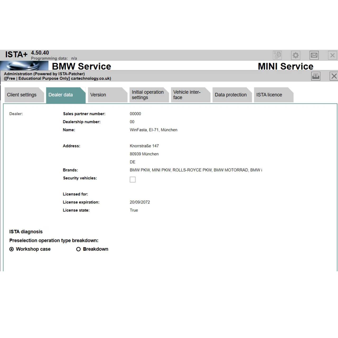 ISTA 4.50.40 software for BMW showing dealer information and diagnostic settings