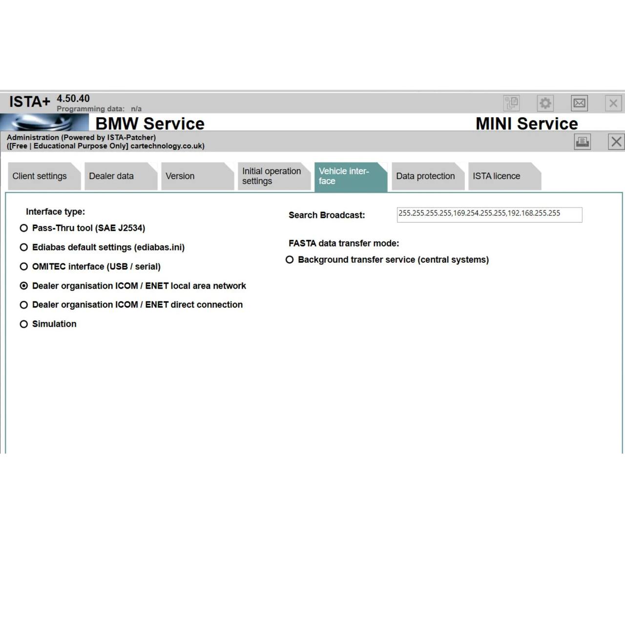 ISTA 4.50.40 software for BMW displaying vehicle interface settings and diagnostics options