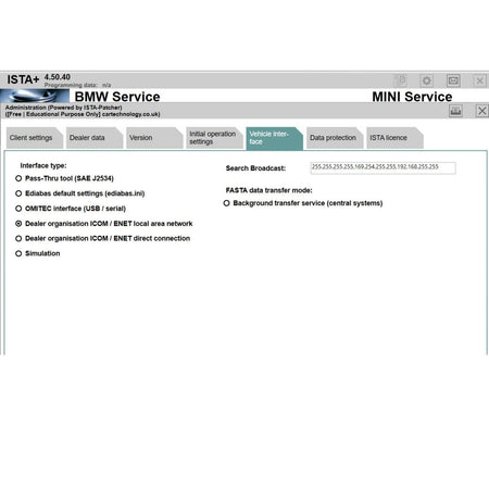 ISTA 4.50.40 software for BMW displaying vehicle interface settings and diagnostics options