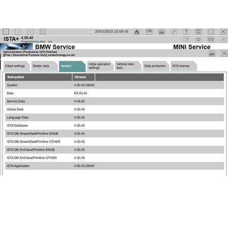 ISTA 4.50.40 software for BMW overview showing system details and version information