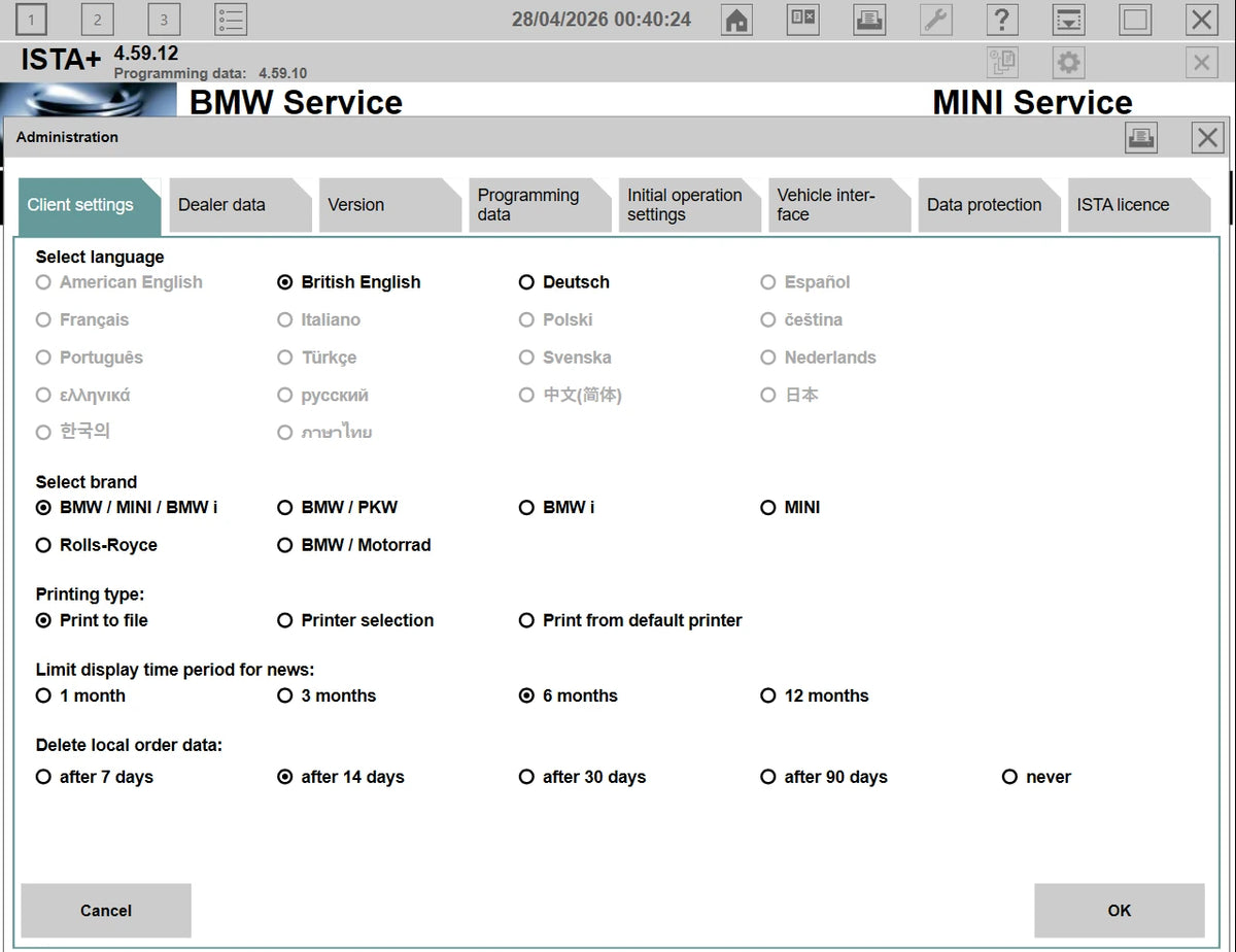ISTA+ 4.59.12 language settings BMW diagnostic software English German configuration