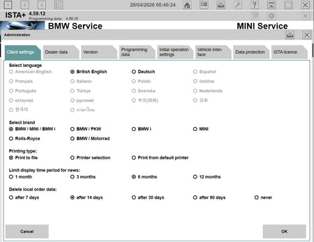 ISTA+ 4.59.12 language settings BMW diagnostic software English German configuration