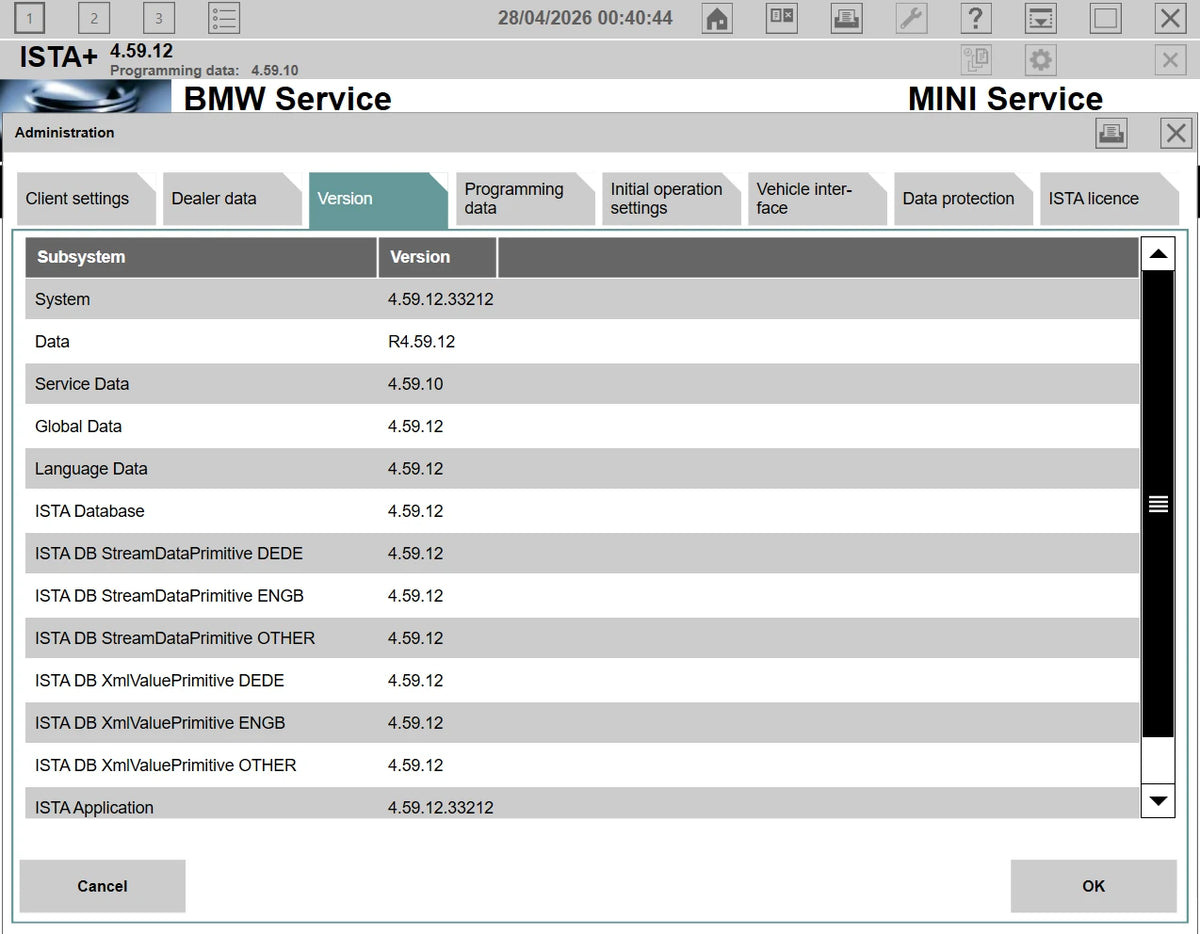 ISTA+ 4.59.12 version information PSdZData full BMW diagnostic software details