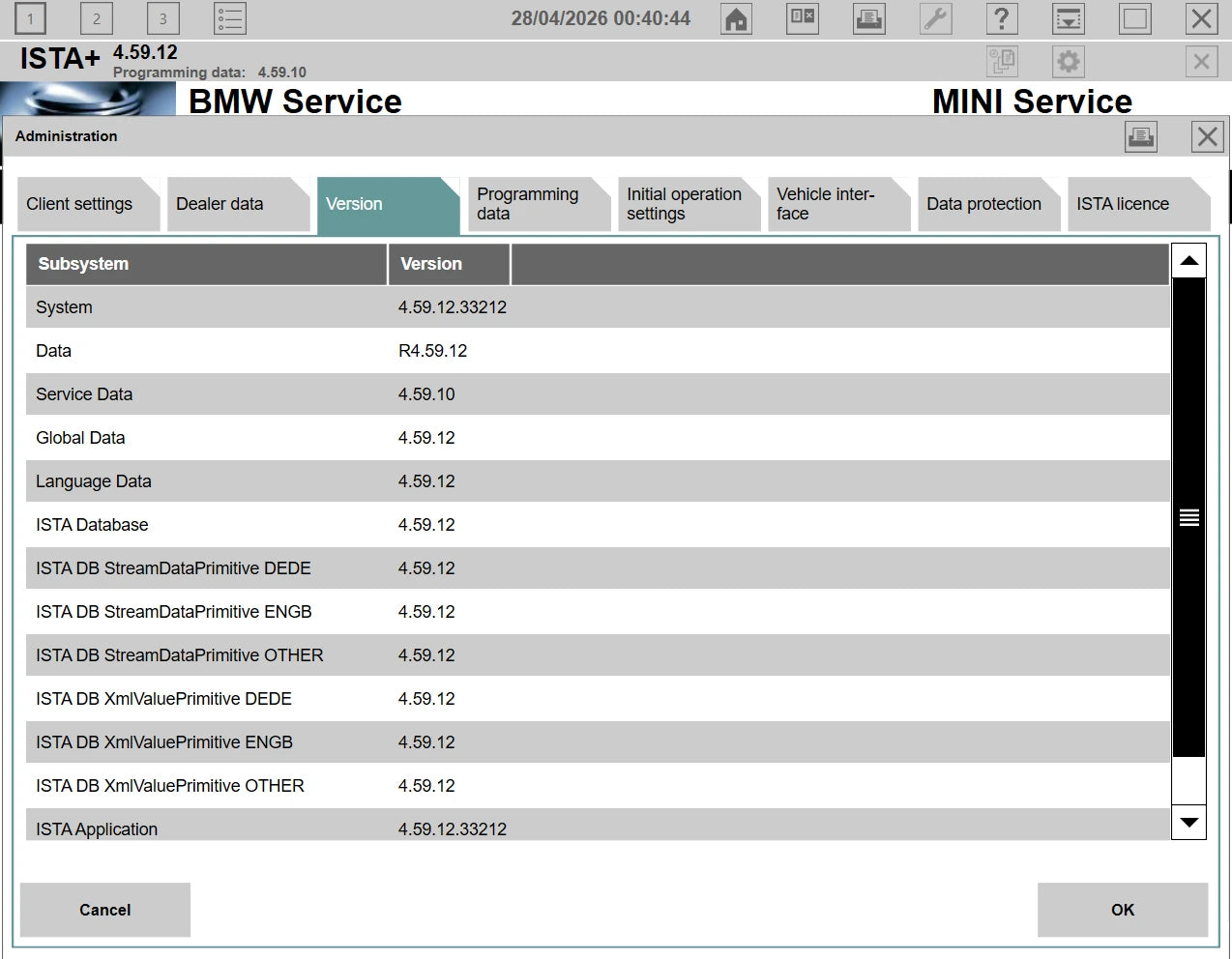 ISTA+ 4.59.12 version information PSdZData full BMW diagnostic software details