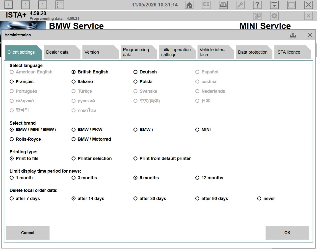ISTA+ 4.59.20 language settings screen for BMW MINI Rolls-Royce with English German French Italian Polish and Portuguese support