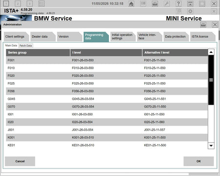 ISTA+ 4.59.20 programming data screen with PSdZData Full 4.59.21 showing BMW F G I level data for diagnostics and programming