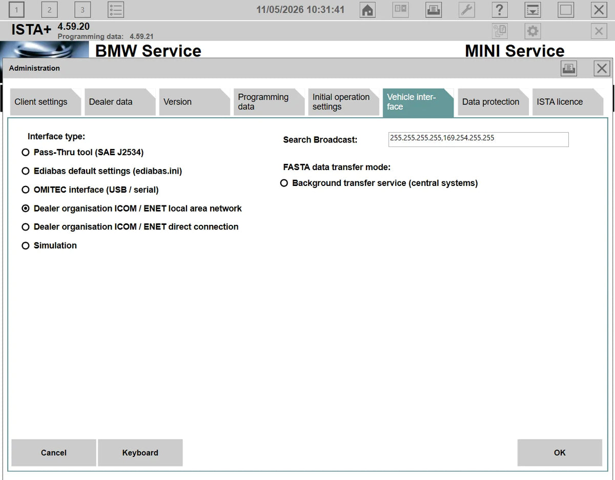 ISTA+ 4.59.20 vehicle interface configuration for BMW diagnostics with ICOM ENET direct connection and EDIABAS settings