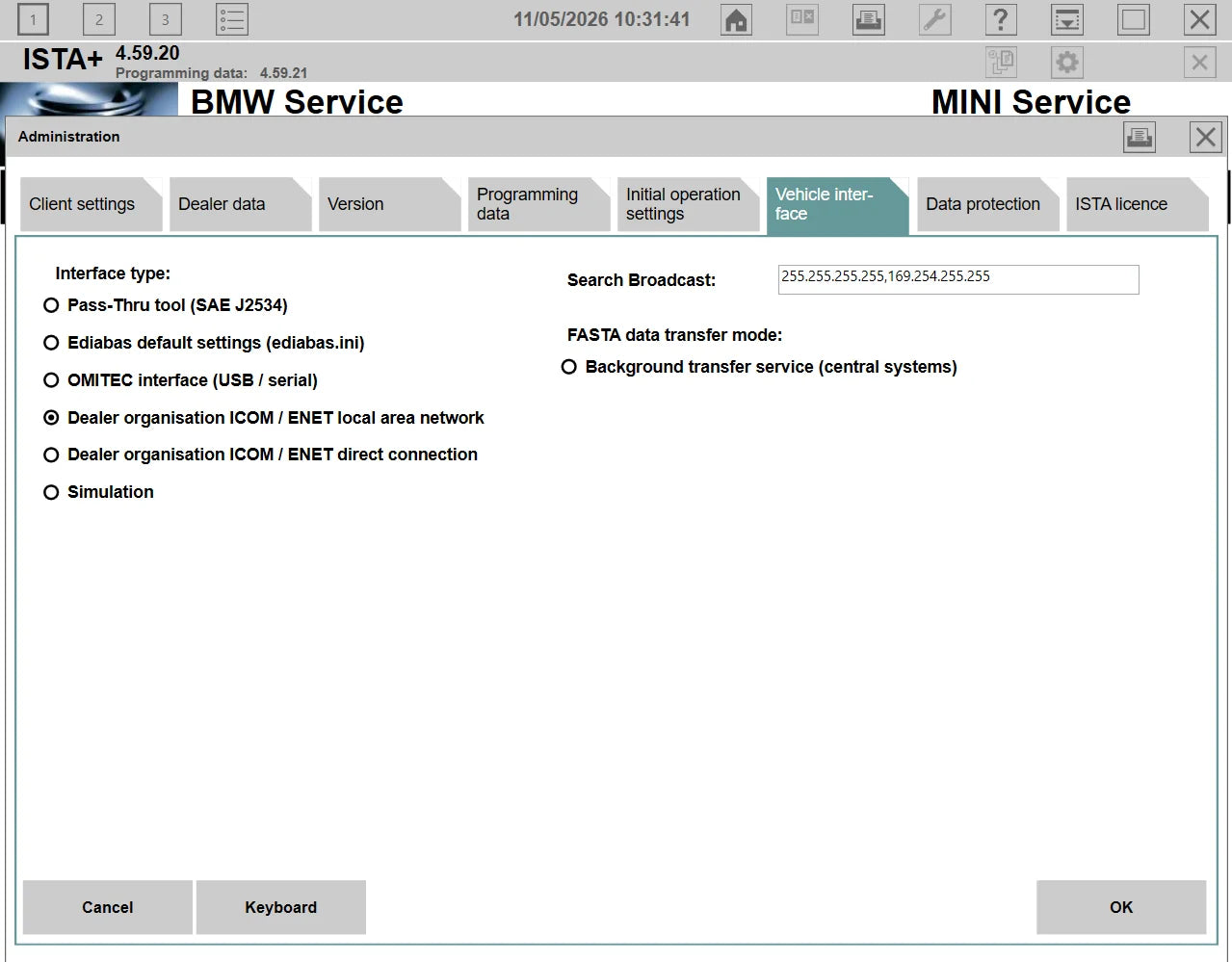 ISTA+ 4.59.20 vehicle interface configuration for BMW diagnostics with ICOM ENET direct connection and EDIABAS settings