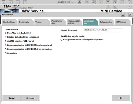 ISTA+ 4.59.20 vehicle interface configuration for BMW diagnostics with ICOM ENET direct connection and EDIABAS settings