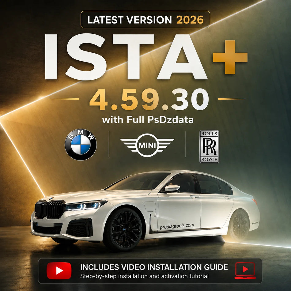 ISTA+ 4.59.30 standalone BMW diagnostic software with Full PSdZData 4.59.30 for BMW MINI and Rolls-Royce, latest 2026 version with ProDiagTools branding and video installation guide