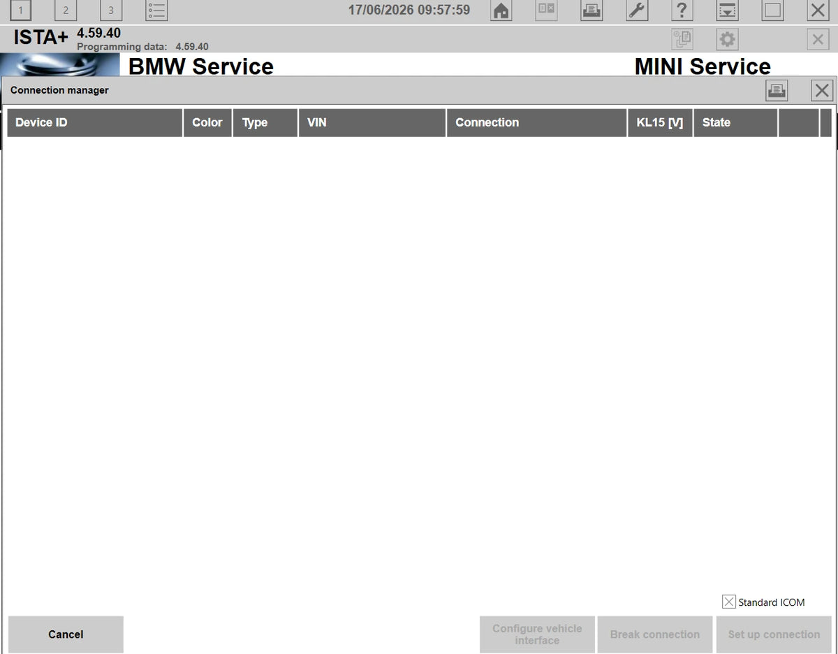 ISTA+ 4.59.40 connection manager for BMW ICOM and ENET diagnostic interface setup with KL15 and VIN connection options