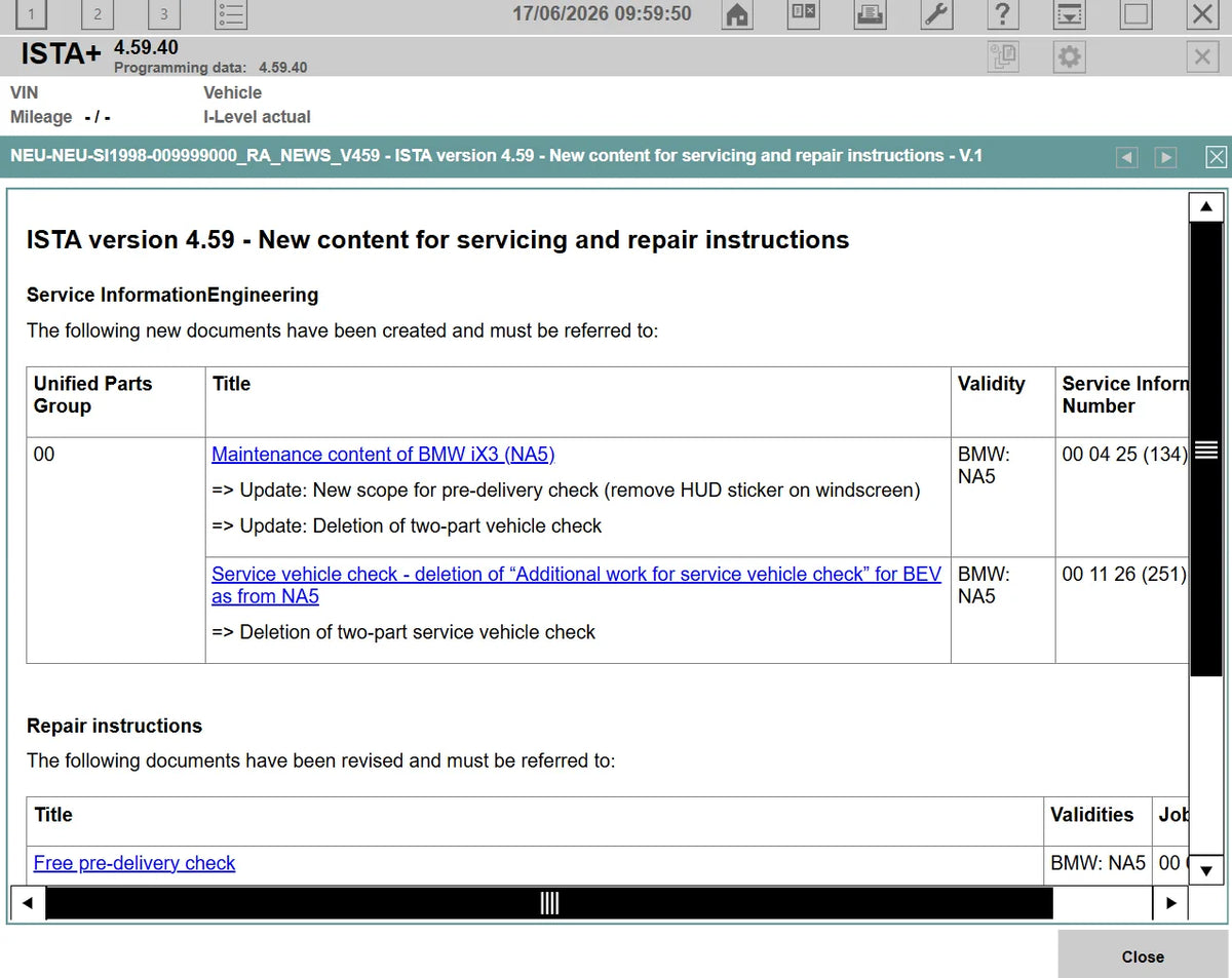 ISTA+ 4.59.40 BMW service and repair instructions screen with updated 2026 diagnostic and workshop service information