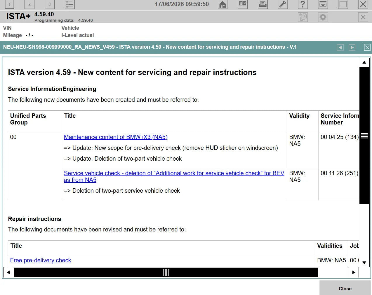 ISTA+ 4.59.40 BMW service and repair instructions screen with updated 2026 diagnostic and workshop service information