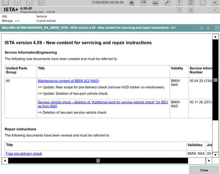 ISTA+ 4.59.40 BMW service and repair instructions screen with updated 2026 diagnostic and workshop service information