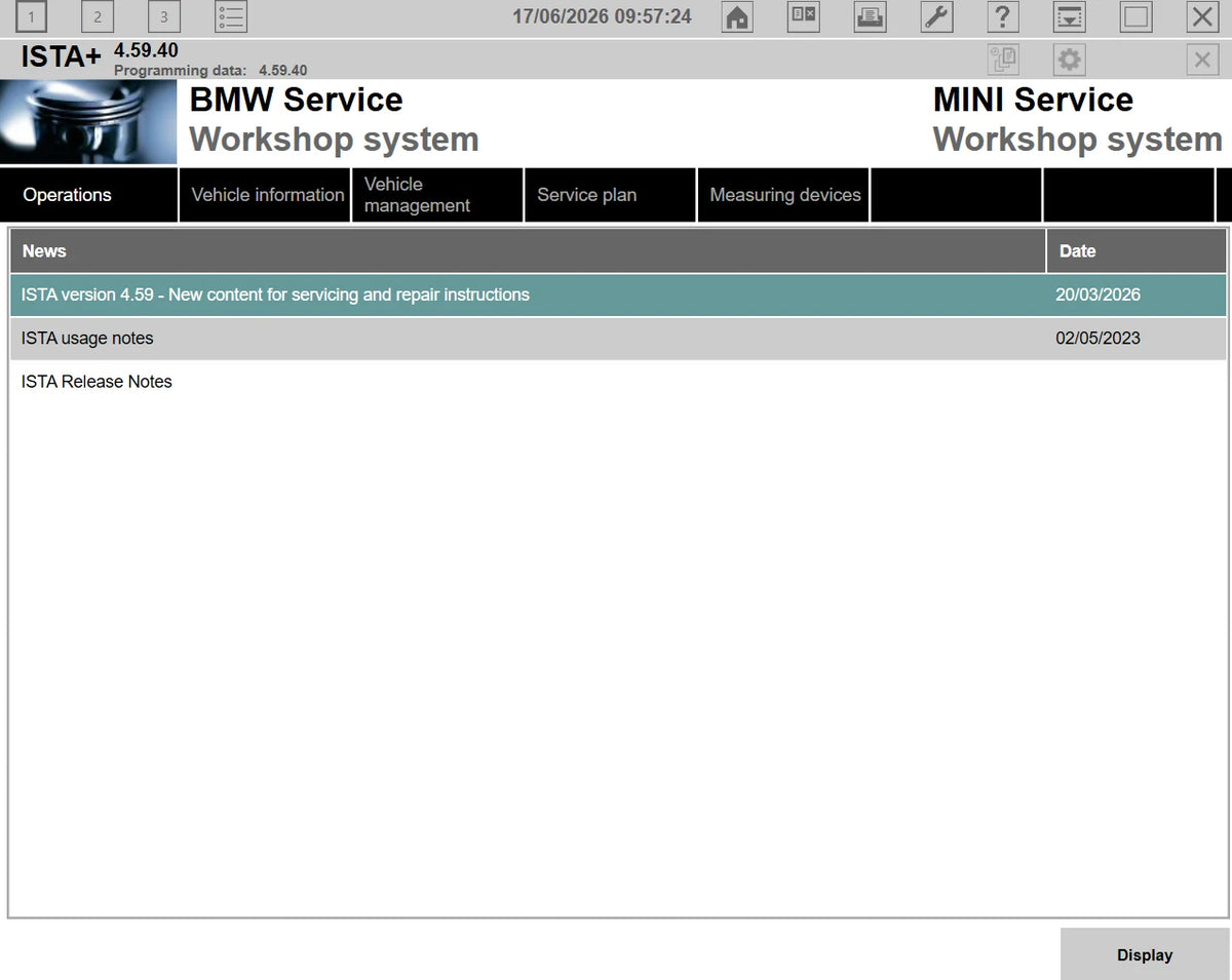 ISTA+ 4.59.40 BMW Service Workshop System main screen with programming data 4.59.40 for BMW and MINI diagnostics