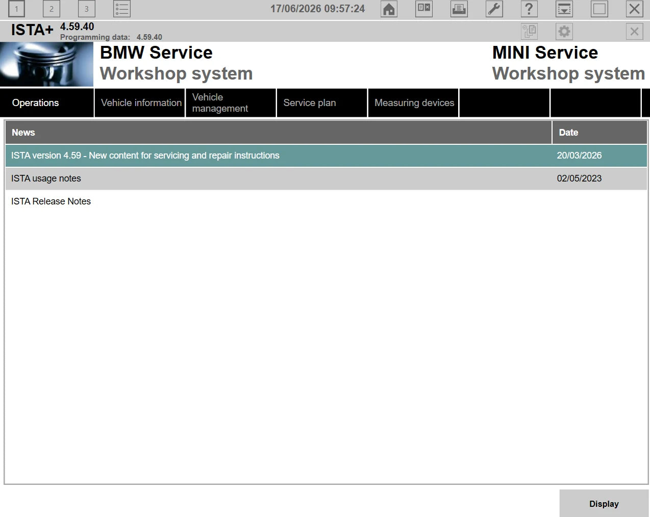 ISTA+ 4.59.40 BMW Service Workshop System main screen with programming data 4.59.40 for BMW and MINI diagnostics