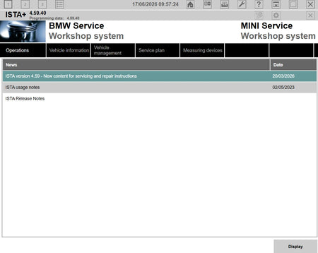 ISTA+ 4.59.40 BMW Service Workshop System main screen with programming data 4.59.40 for BMW and MINI diagnostics