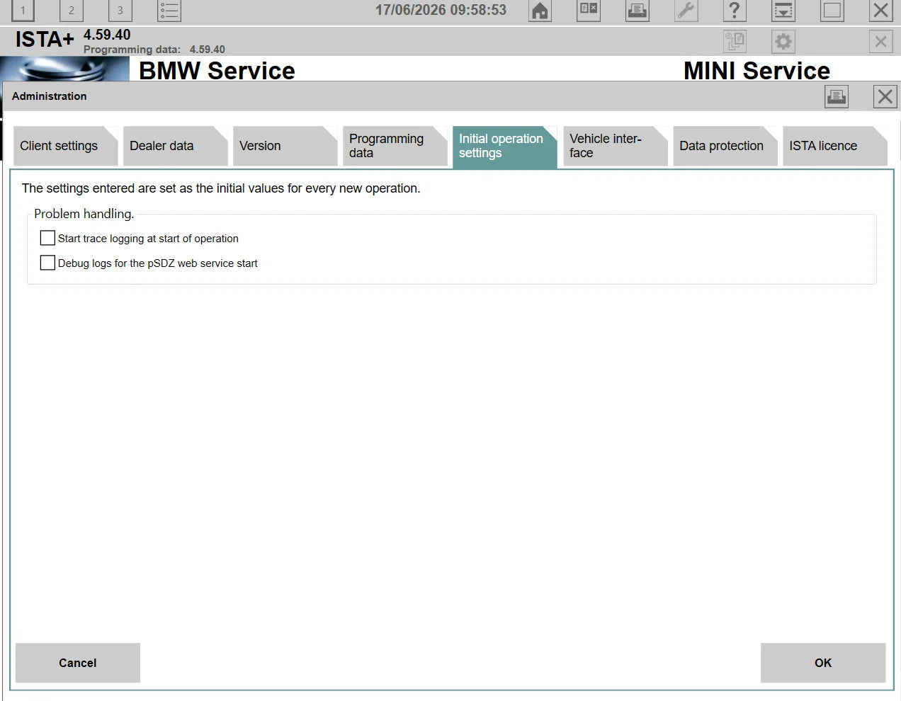 ISTA+ 4.59.40 initial operation settings screen for BMW diagnostic software configuration and service workflow setup