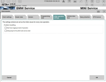 ISTA+ 4.59.40 initial operation settings screen for BMW diagnostic software configuration and service workflow setup
