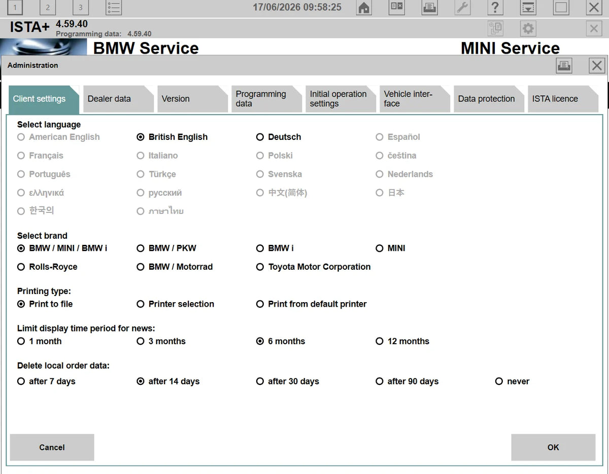 ISTA+ 4.59.40 language and brand settings screen for BMW MINI Rolls-Royce and BMW Motorrad diagnostic configuration