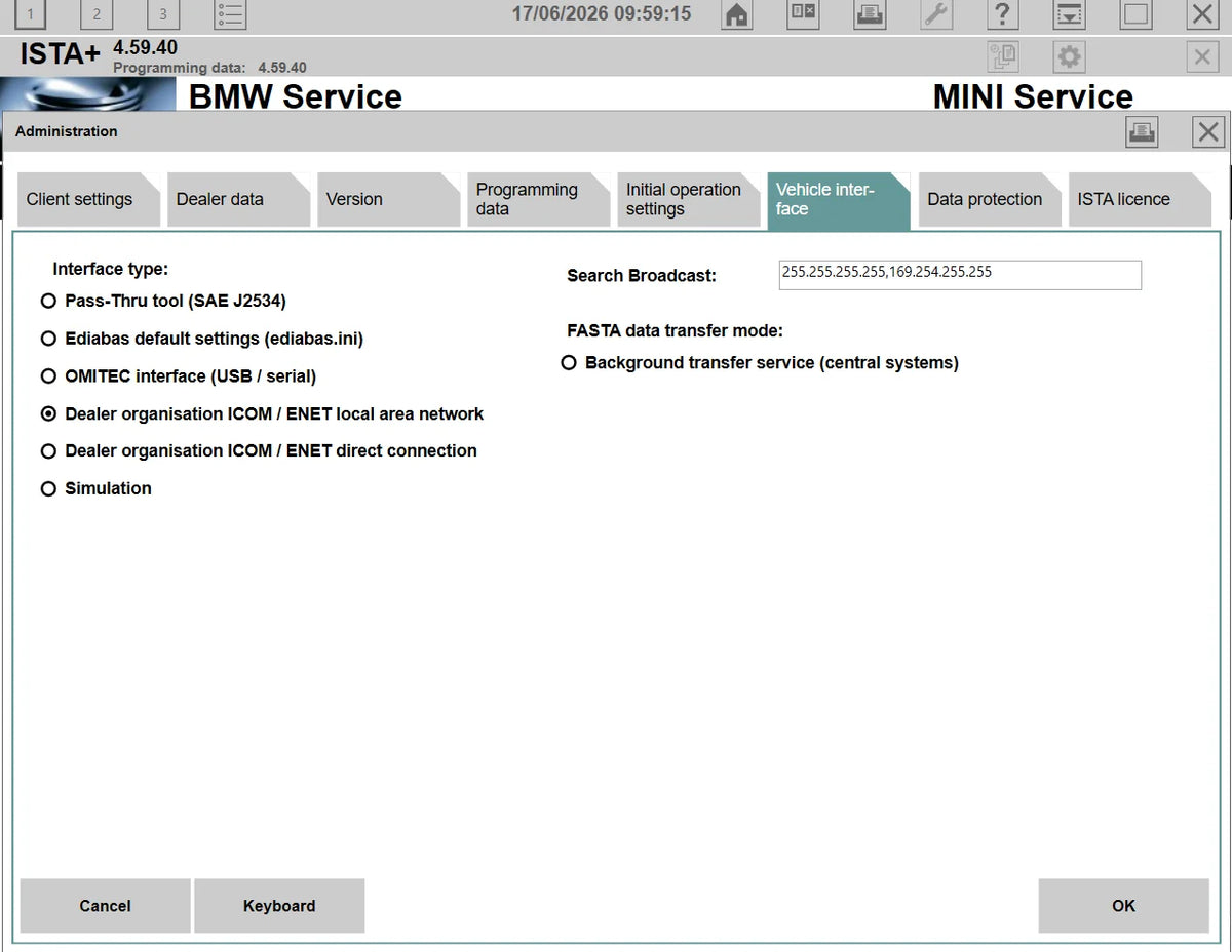 ISTA+ 4.59.40 vehicle interface settings for BMW ICOM ENET J2534 Pass-Thru Ediabas and diagnostic connection configuration
