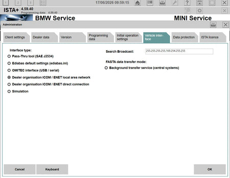 ISTA+ 4.59.40 vehicle interface settings for BMW ICOM ENET J2534 Pass-Thru Ediabas and diagnostic connection configuration