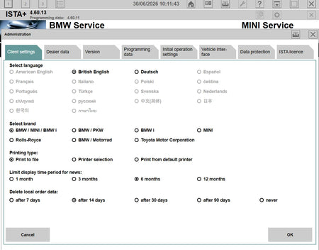 ISTA+ 4.60.13 language and brand settings for BMW MINI Rolls-Royce and BMW Motorrad diagnostics