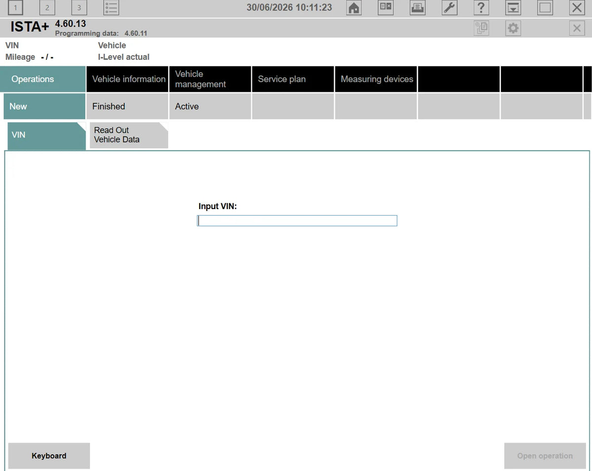 ISTA+ 4.60.13 manual VIN input screen for BMW vehicle identification and diagnostics