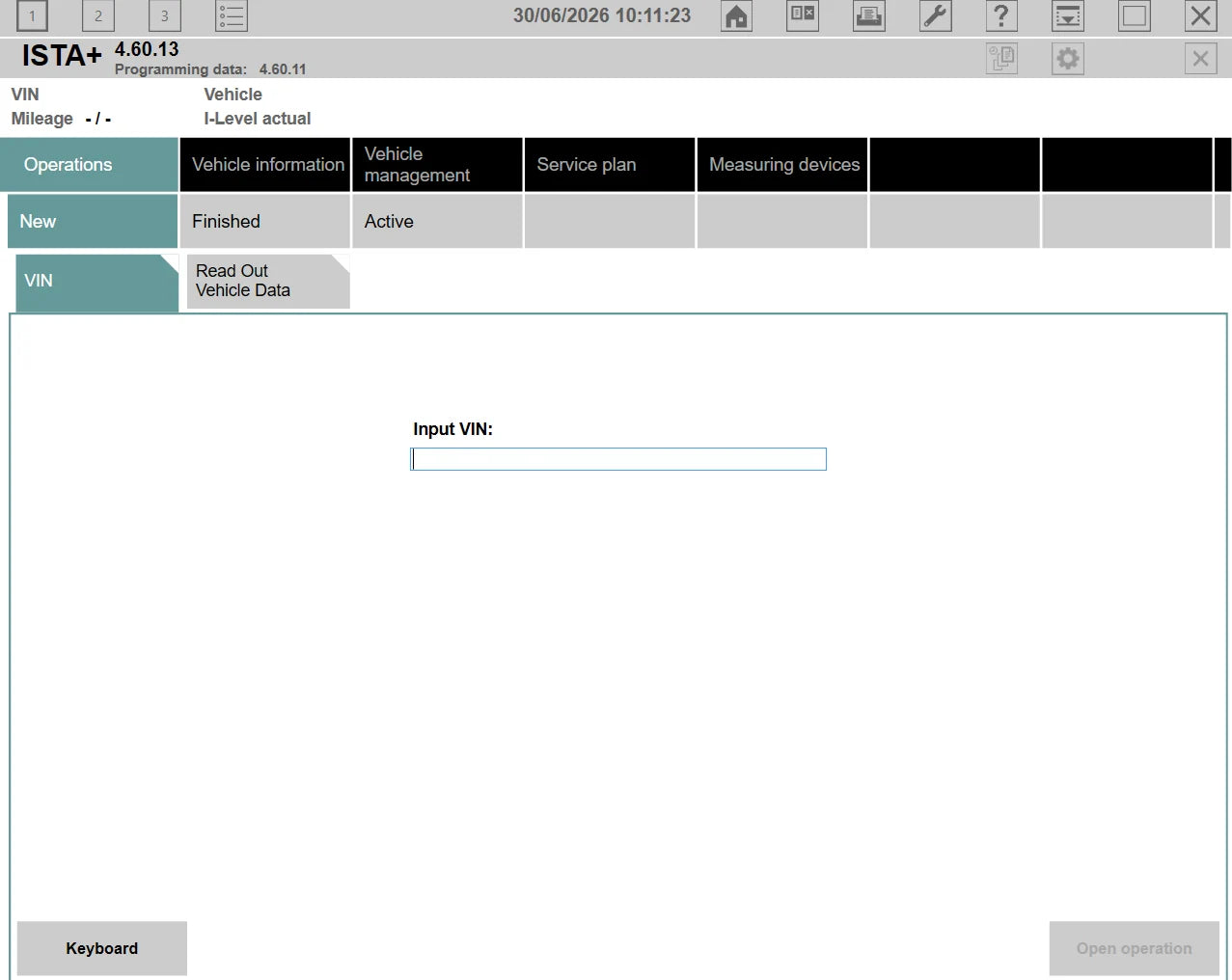 ISTA+ 4.60.13 manual VIN input screen for BMW vehicle identification and diagnostics