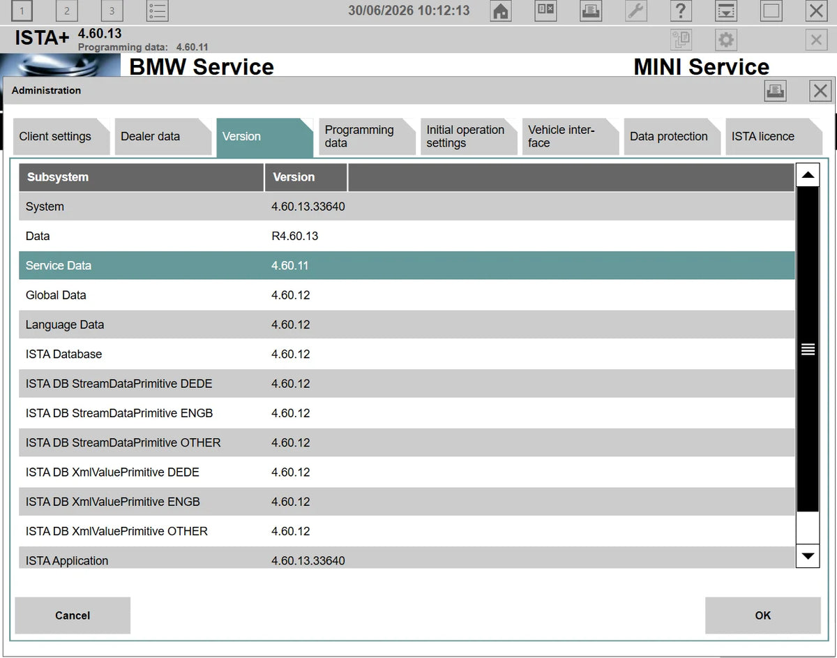 ISTA+ 4.60.13 version information screen showing PSdZData Full 4.60.11 service data and database versions