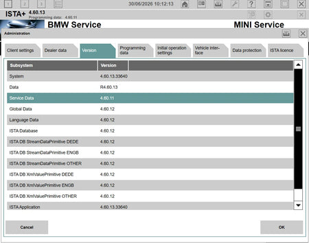 ISTA+ 4.60.13 version information screen showing PSdZData Full 4.60.11 service data and database versions