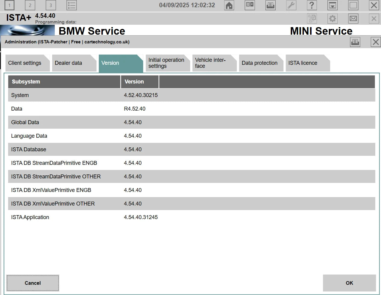 ProDiagTools ISTA+ 4.54.40 BMW MINI software interface showing version details and subsystem data