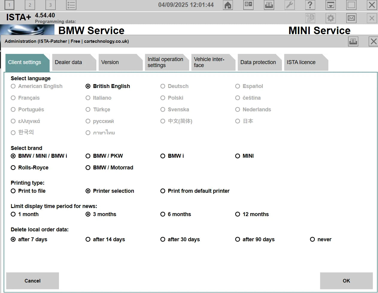 ISTA+ 4.54.40 BMW MINI Automotive Diagnostic Software Interface Settings Overview