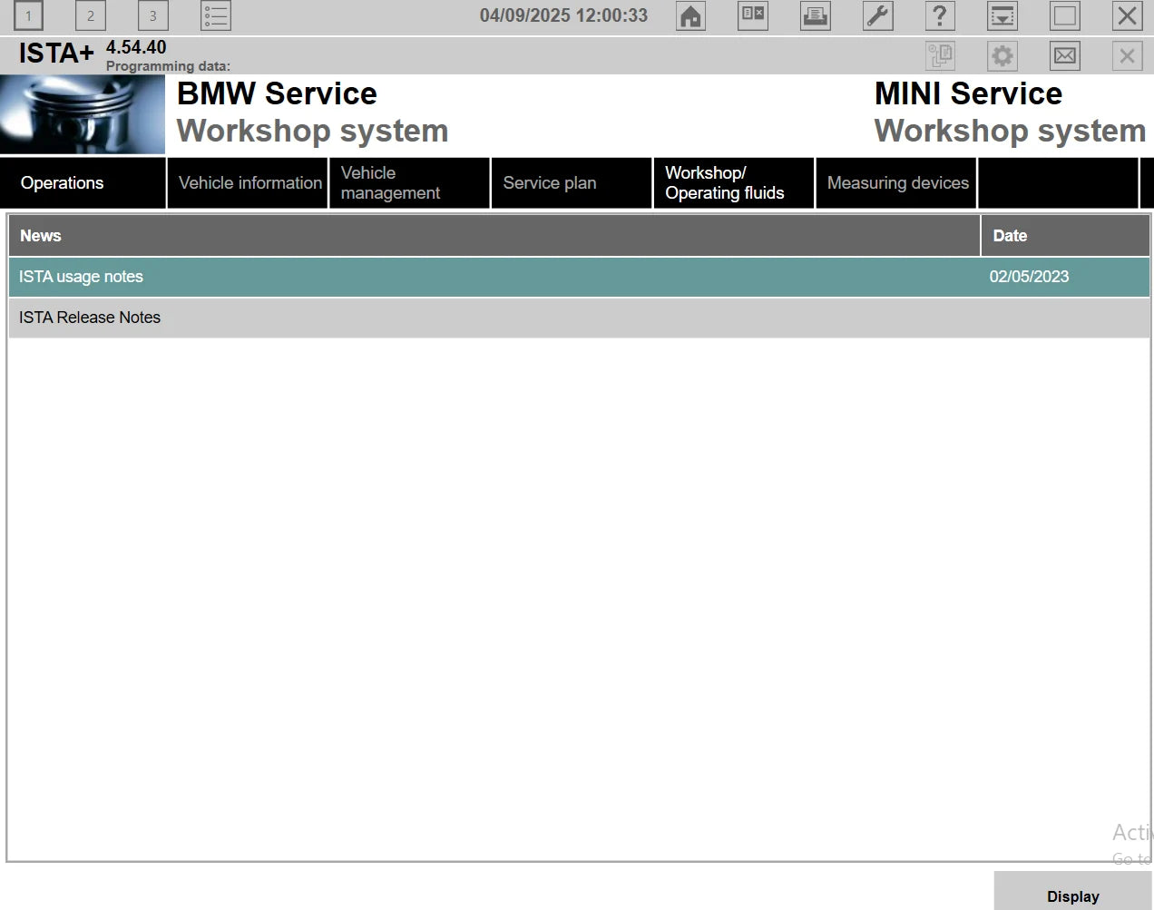 ProDiagTools ISTA+ 4.54.40 BMW MINI software interface showing service notes and operations menu