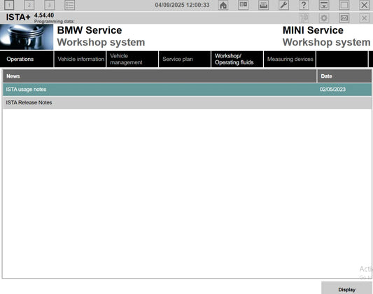 ProDiagTools ISTA+ 4.54.40 BMW MINI software interface showing service notes and operations menu