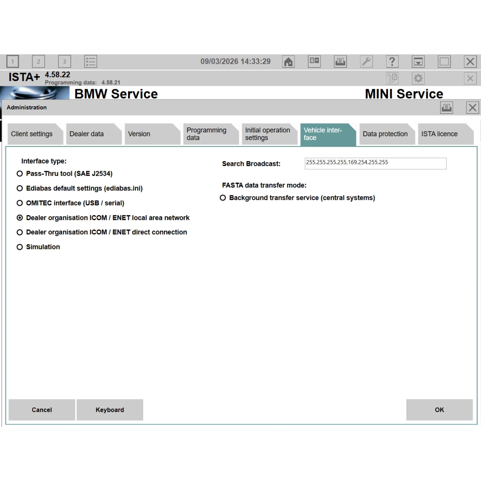 ISTA+ 4.58.22 vehicle interface settings BMW diagnostic software ISTA D with ICOM ENET and J2534 passthru connection