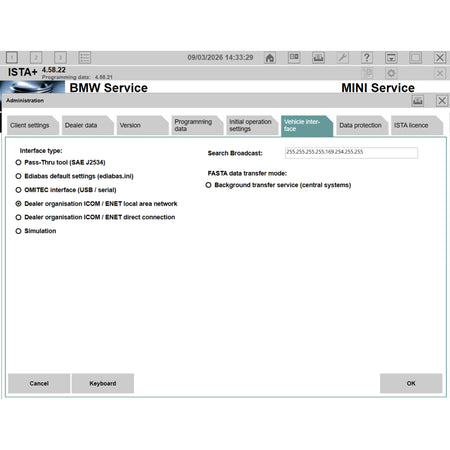 ISTA+ 4.58.22 vehicle interface settings BMW diagnostic software ISTA D with ICOM ENET and J2534 passthru connection